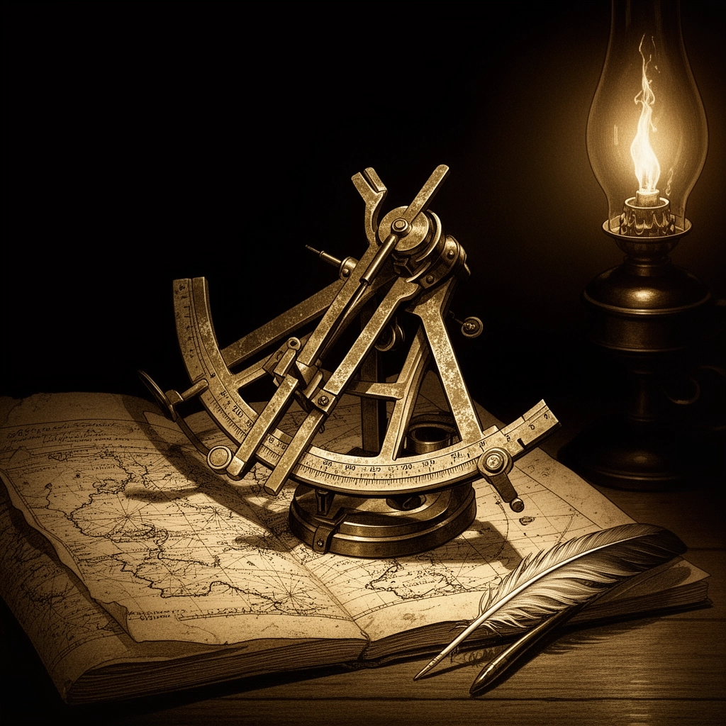 Sextant en laiton sur carte nautique, lampe à huile
